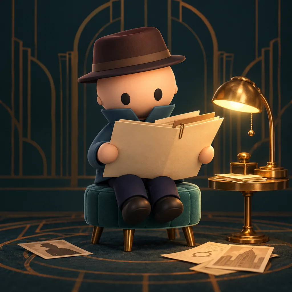 Our little detective perched on a stool, peeking over an oversized case folder beside a warm desk lamp.